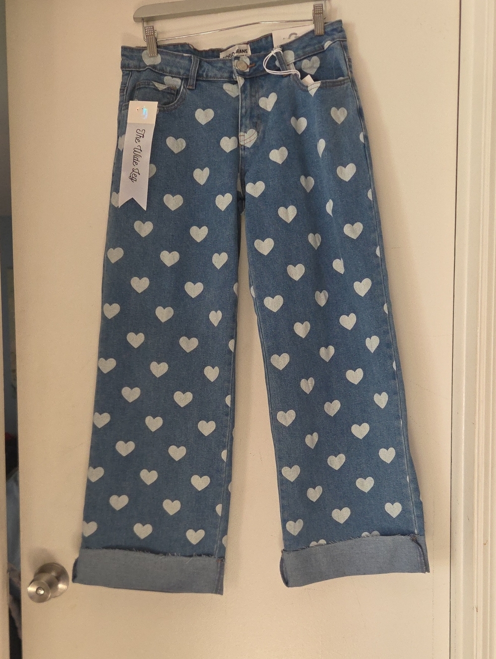 GOGO Blue Straight-Leg Jeans with White Heart Print